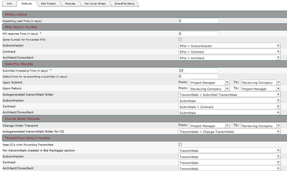 Default Processing Times